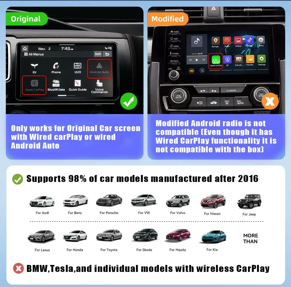 NEW 2in1 Wireless CarPlay Android Auto Wireless Adapter Smart USB Dongle Mini Box Plug And Play WiFi Fast Connect