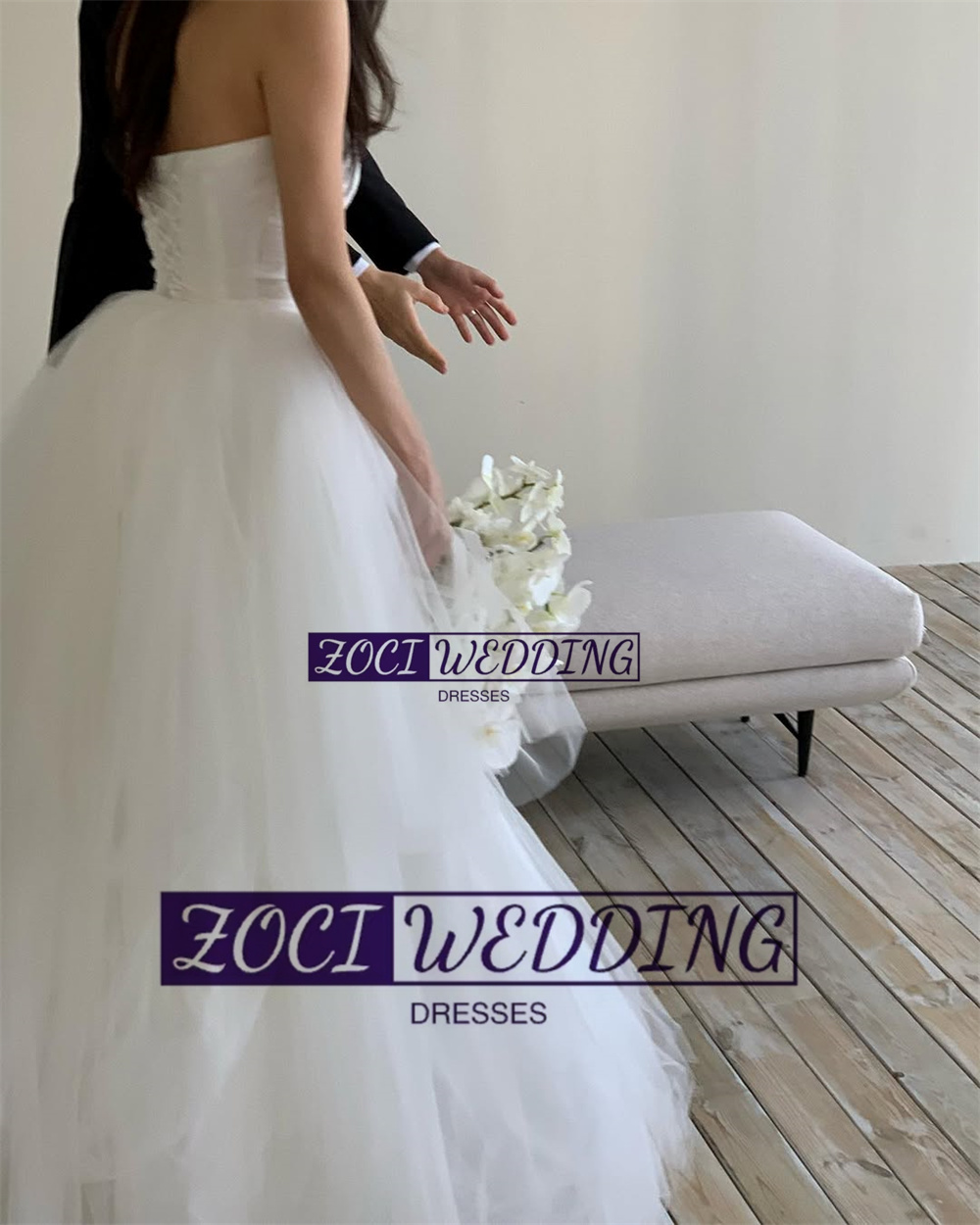 Zoci Elegant Strapless Korea A Line Wedding Dresses Shoulder Cape Photo Shoot Dress Customized Draped Tulle Backless Bridal Gown