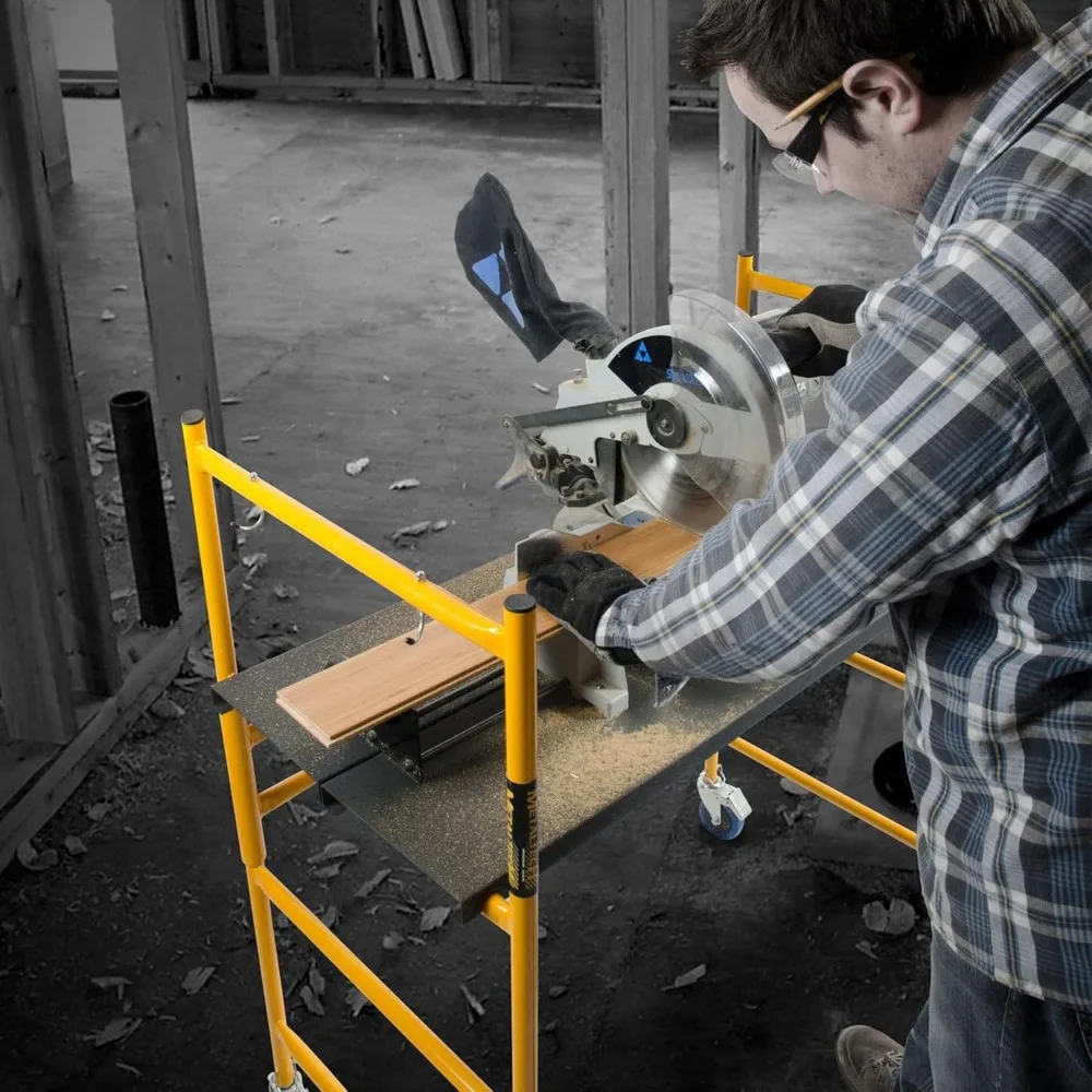 Scaffolding Platform, 9 Ft Reach, 500 Lbs Capacity w/Locking Wheels, Yellow