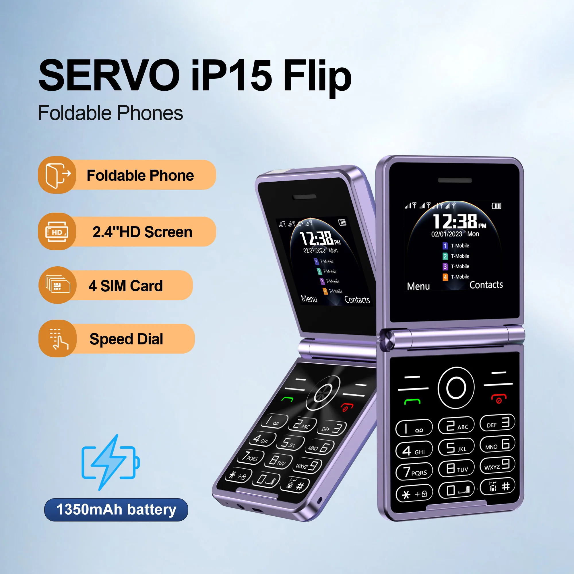 SERVO iP15 Flip Cellular Phone 4 SIM Standby Call Recording Speed Dial Flashlight MP4 Blacklist 2.4" Screen Fold Feature Phones