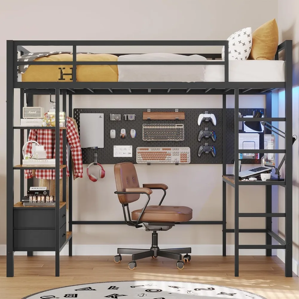 Loft Bed Twin Size with Desk and Charging Station Metal Loft Bed with Led Lights,Storage Shelves and Drawers Twin Bed Frame