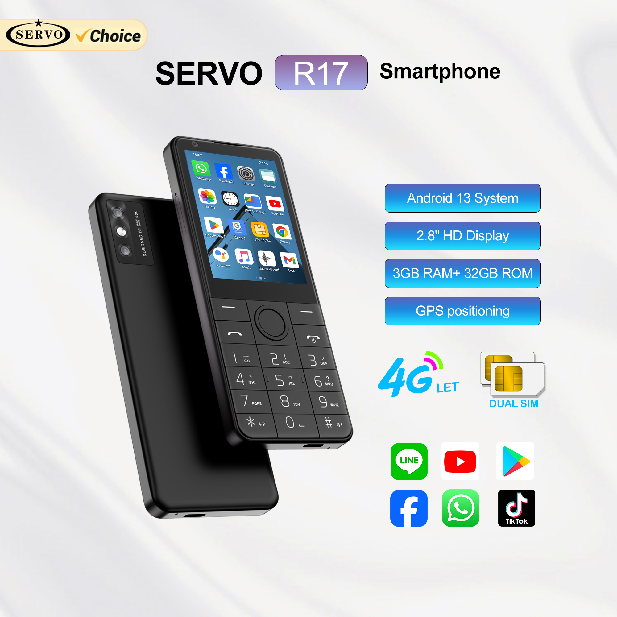 SERVO R17 pantalla táctil 4G LTE Smartphone Android13 OS 3GB + 32GB Play Store WiFi GPS pantalla de 2,8 "teléfono móvil inteligente 2 SIM en espera