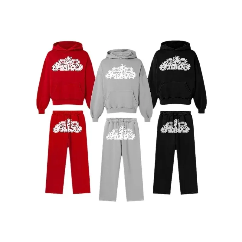 Conjunto de duas peças com letras impressas para homens e mulheres, capuz retrô americano, moletom, calças, terno personalizado, rua alta, na moda