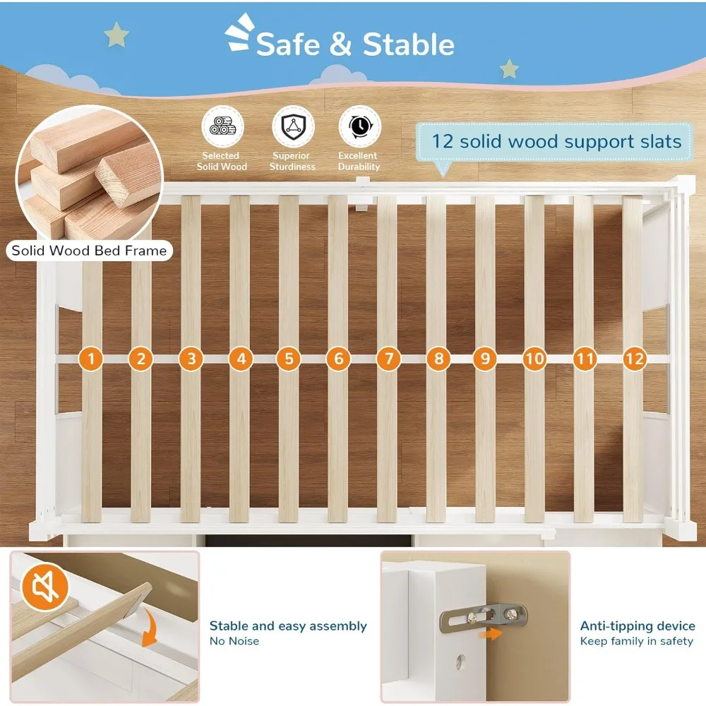 Low Loft Bed Twin Size with LED Lights, Wooden Kids Twin Loft Bed with Storage Bookcase, Toy Box, Reading Nook and Secret Play