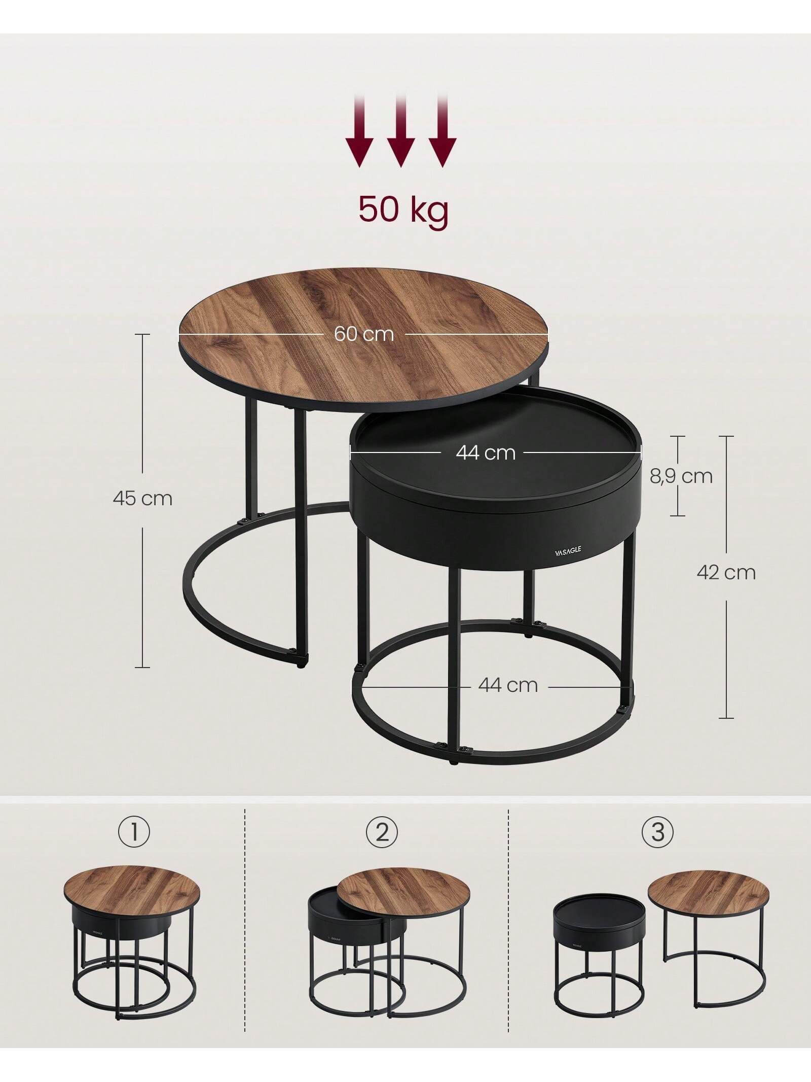 VASAGLE mesas de centro: Juego de 2 mesas redondas de anidación Estilo moderno con almacenamiento oculto y bandeja superior Para sala de estar, dormitorio