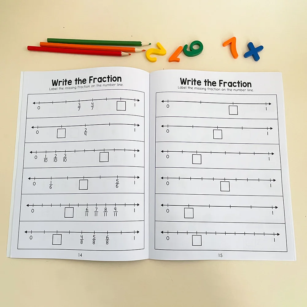 Libro de ejercicios de formación para aprender y practicar fracciones básicas, material didáctico para profesores, libro de prueba cognitiva de matemáticas para escuela primaria