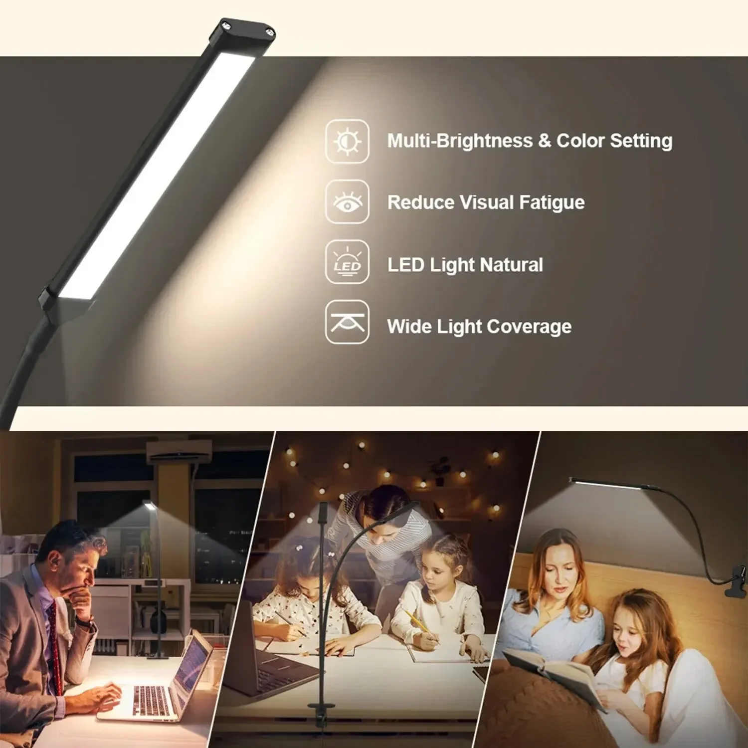 10 W LED-Schreibtischlampe mit Klemme, dimmbar, zum Anklipsen, Leselicht, 10 Helligkeitsstufen, 3 Beleuchtungsmodi, flexible Arbeitstischlampe, USB