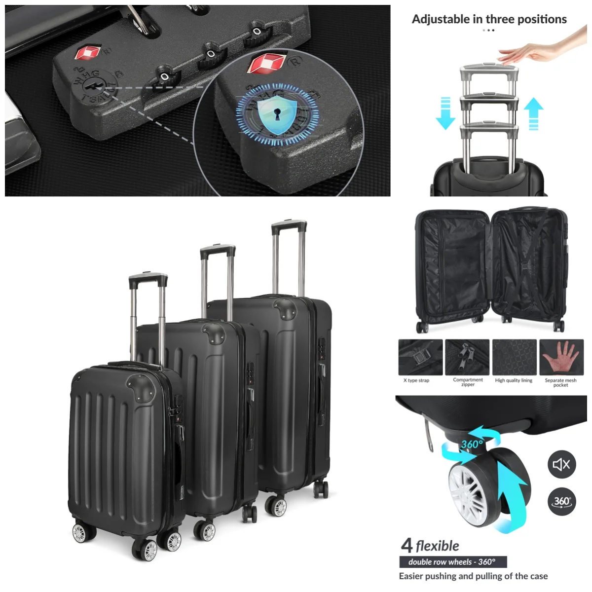 Anajqaqia 3er-Set Koffer, erweiterbares ABS-Hardside-Koffer-Set, langlebige Gepäcksets mit 4 leisen Rollen 21-24-28 Zoll, Schwarz