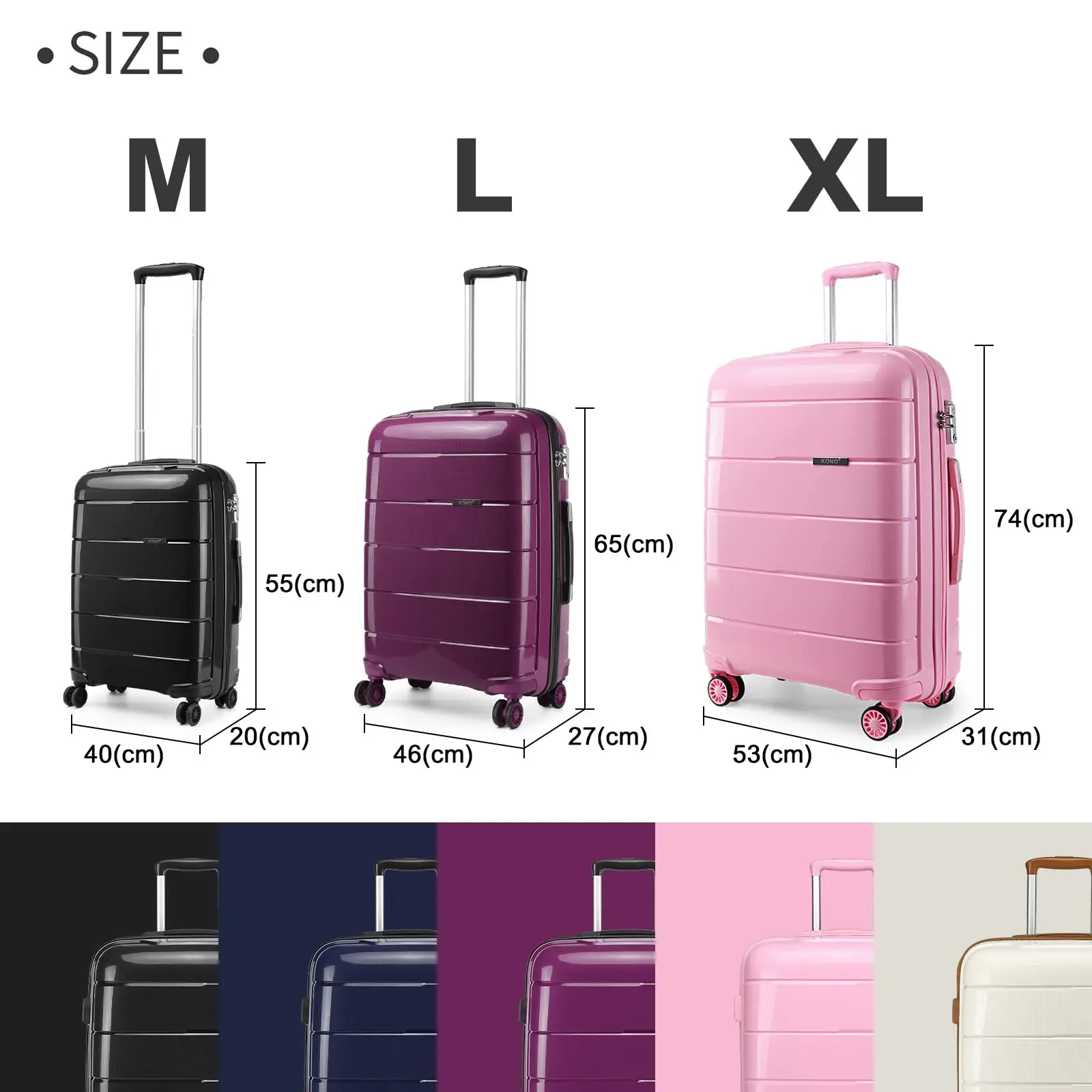 KONO Hartschalenkoffer, Leicht, 4 Rollen, TSA-Schloss & YKK-Reißverschlüsse, PP-Material(M/L/XL)