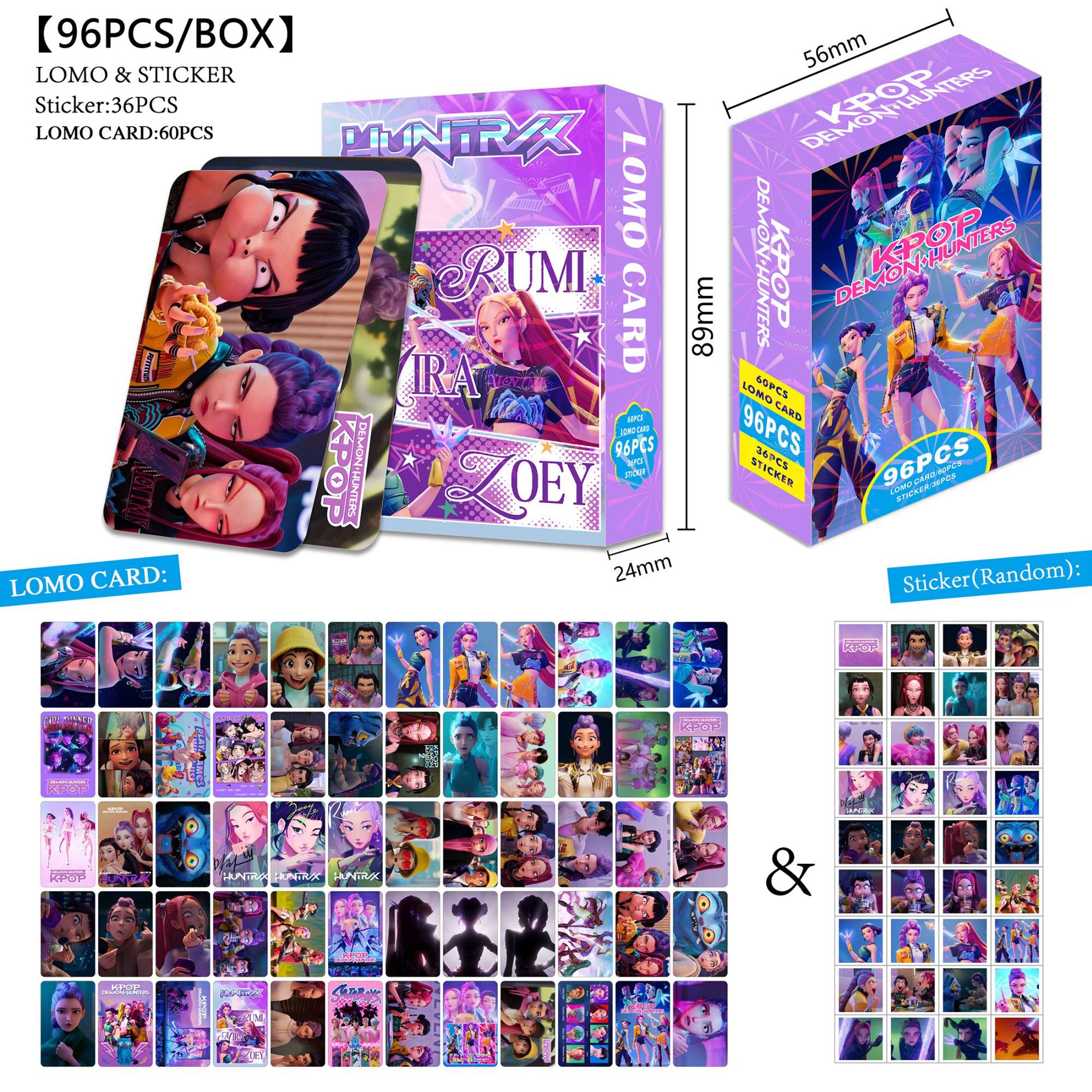 96 unidades/caixa K-POP Demon Hunter adesivo (36 unidades) + 60 unidades de cartões LOMO Anime conjunto colecionável