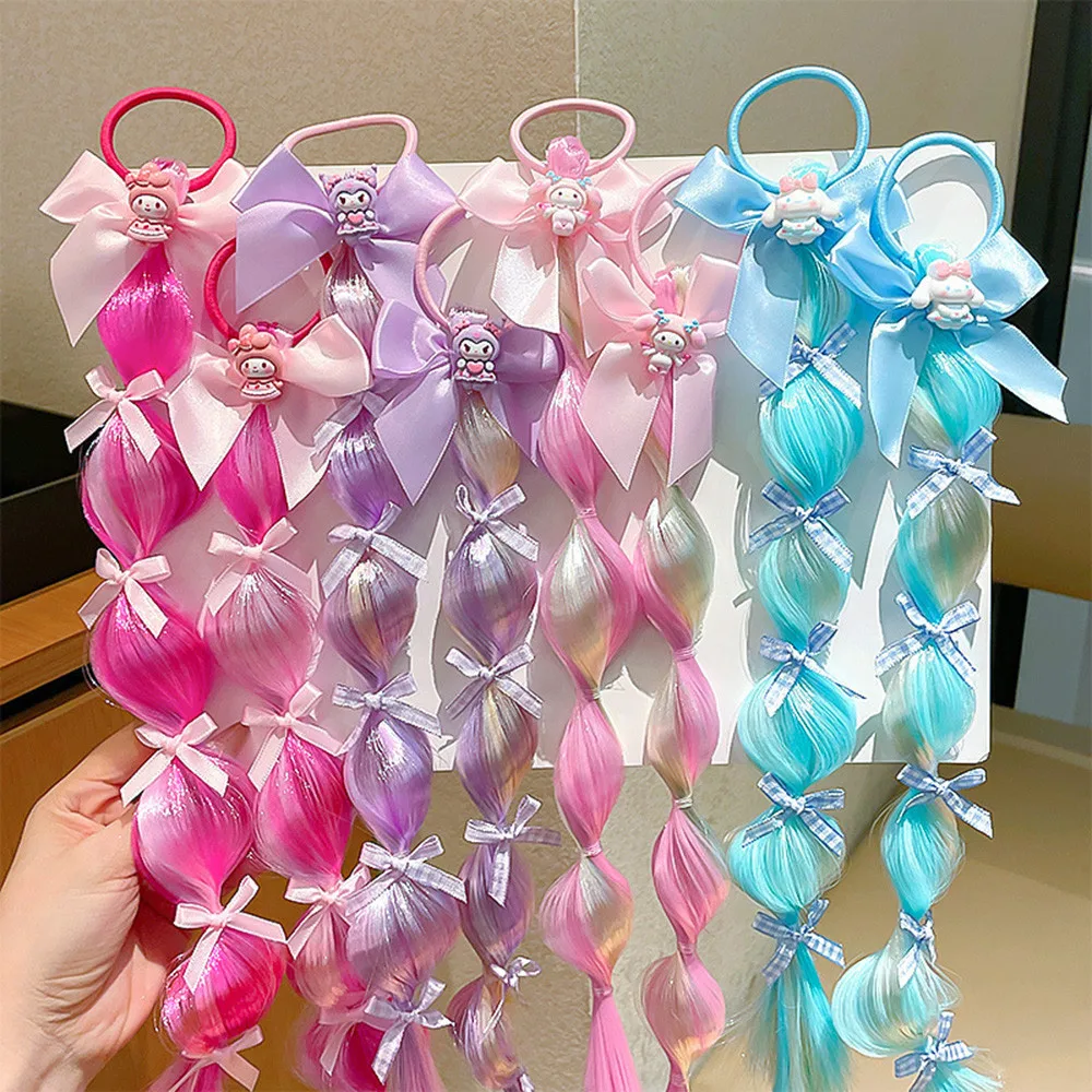 40cm pequeno pônei gradiente colorido bolha tranças peruca crianças menina bowknot fita corda de cabelo extensão do cabelo