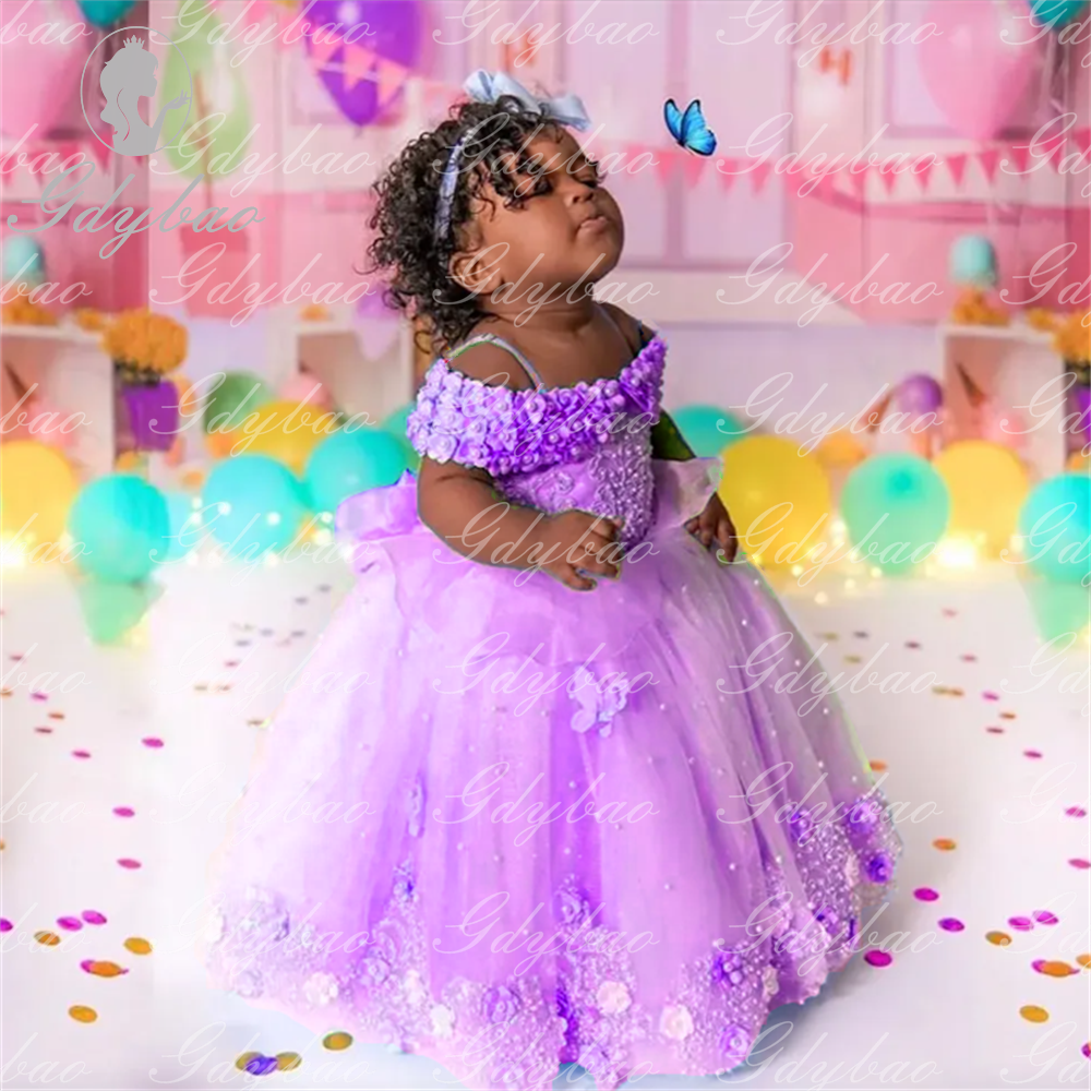 ไหล่เด็กไข่มุกชุดสาวดอกไม้สีชมพูปิดลูกไม้ผีเสื้อชุดเจ้าหญิงดอกไม้ทารก First Birthday Party Communion