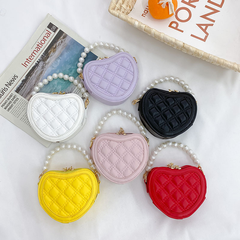 Mini bolsa mensageiro de ombro em forma de coração com alça de pérola para meninas, bolsa princesa, bolsas fofas para crianças