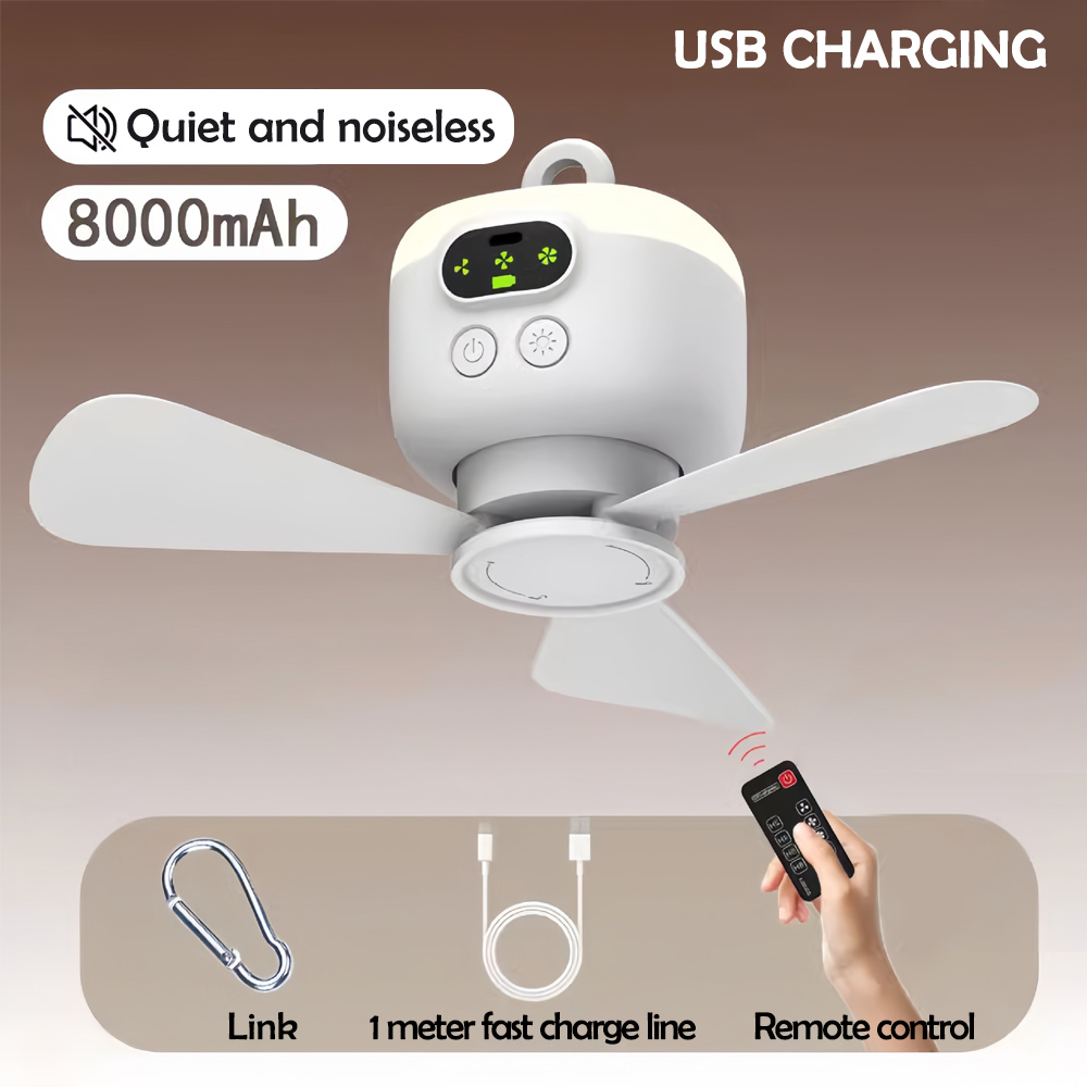 Plafondventilator voor thuis, 3 snelheden verstelbaar, 8000 mAh, draagbaar voor buiten, campingventilator, plafondventilator met draadloze afstandsbediening en nachtverlichting