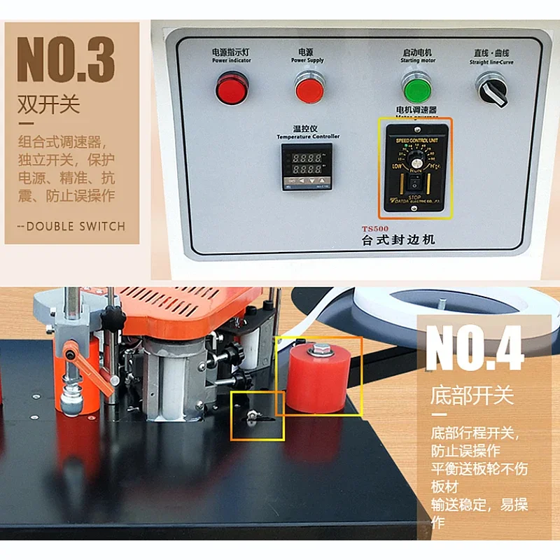 Desktop Woodworking Edge Banding Machine TS500 Double Side Gluing Portable Edge Bander 1200W 220V 2-6m/min Tools With Tray Cut