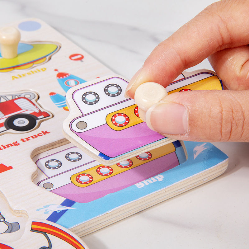 Rompecabezas de madera Montessori para niños, tableros de agarre de mano de tráfico de animales de dibujos animados, juguetes educativos de Aprendizaje Temprano para niños