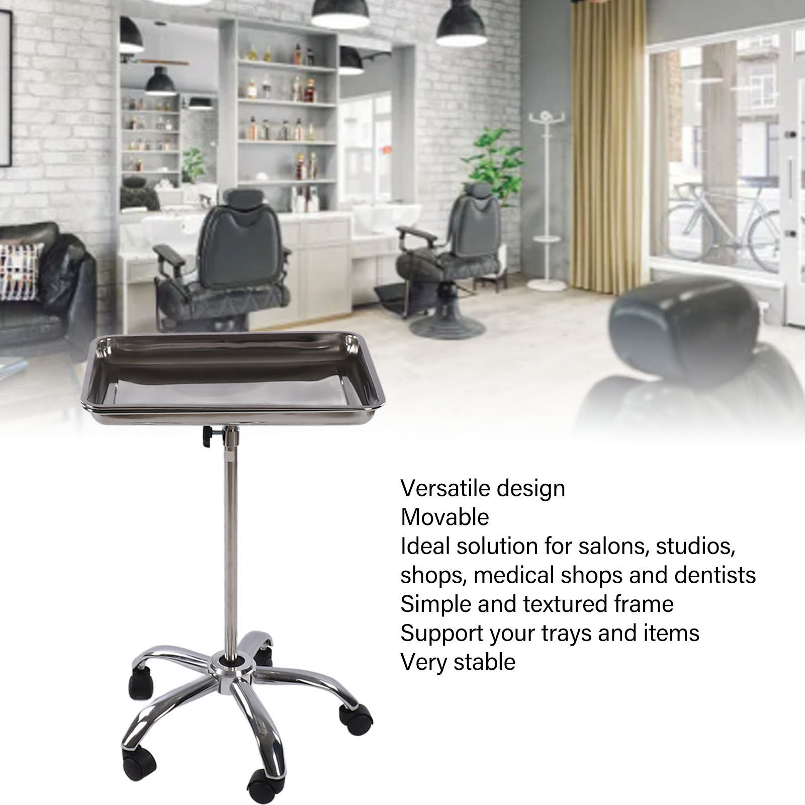 Salon-Instrumententablett, Salonablage mit Rädern, Metall, Edelstahl, anhebbar, beweglich für Friseurinstrumente