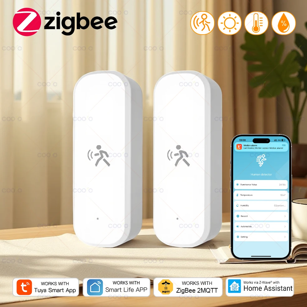 Датчик движения Tuya Zigbee, 10G, радар MmWave, умный датчик человеческого тела с подсветкой, температурой и влажностью, работает с Alexa Google