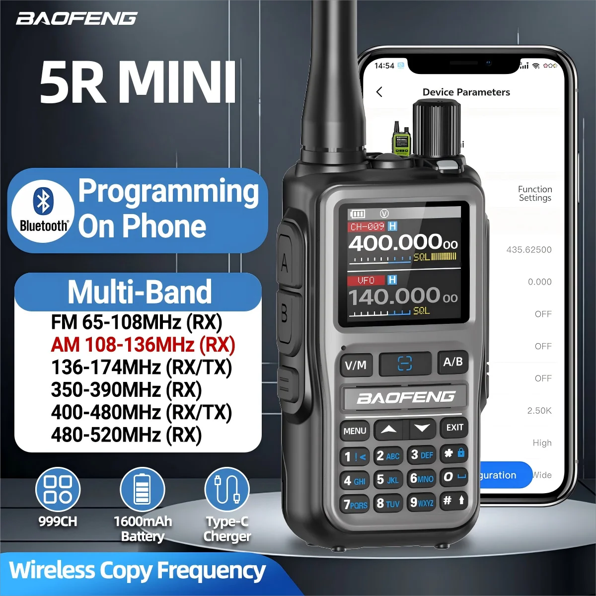 Baofeng UV-5R Mini Walkie Talkie Bluetooth APP Programmierung Multi Band 999CH Drahtlose Kopierfrequenz Dual PTT Typ-C Amateurfunk