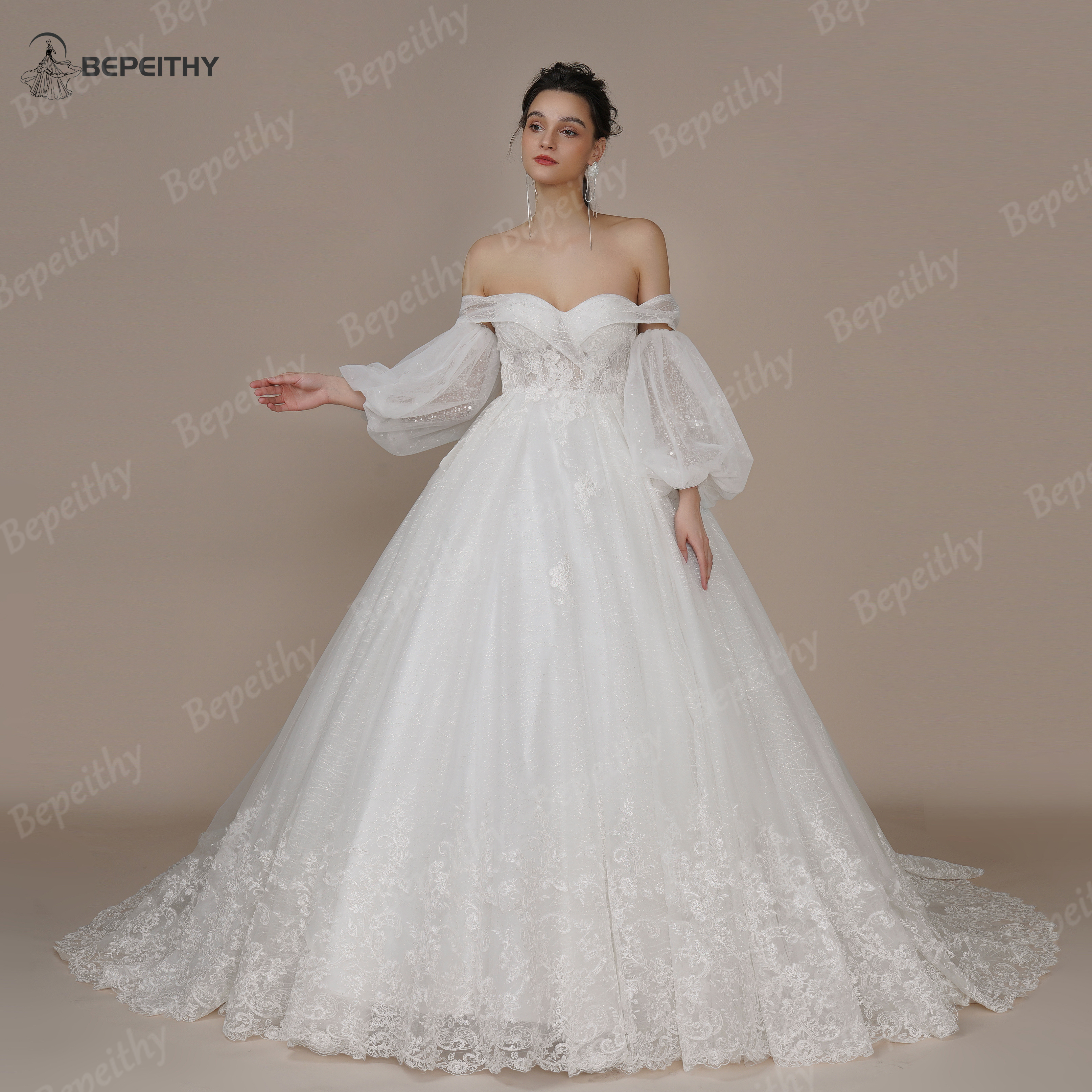 Bepeithy-ヴィンテージプリンセスウェディングドレス,カスタムブライダルボールガウン,コートトレイン,取り外し可能な袖,ストラップレス