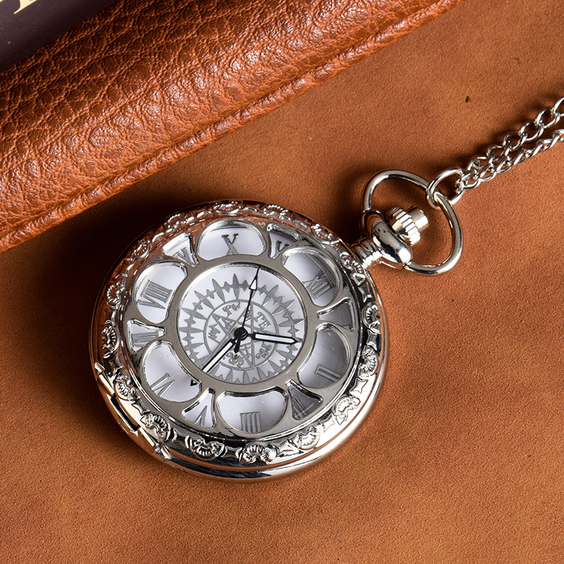 Creative silvery engraved hollow quartz pocket watch with Arabic numerals vintage pendant necklace for birthday gift chain