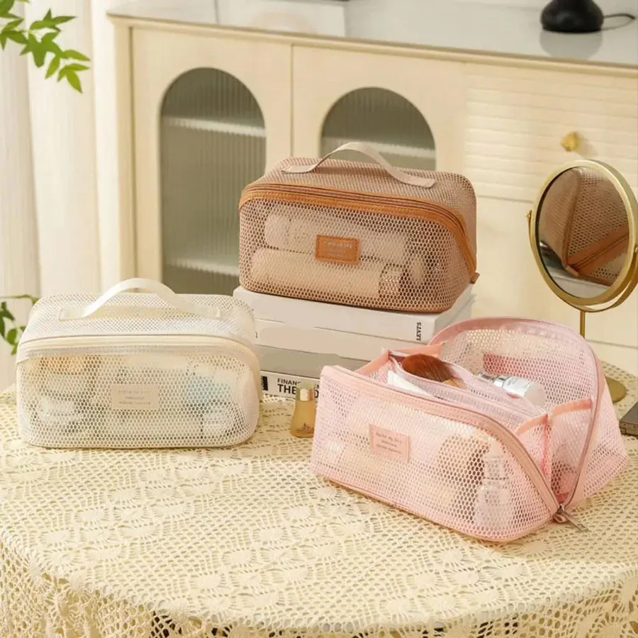 Bolsa de maquillaje de mano de malla de gran capacidad con cremallera, bolsa de cosméticos de malla transparente multicapa, estuche organizador cuadrado