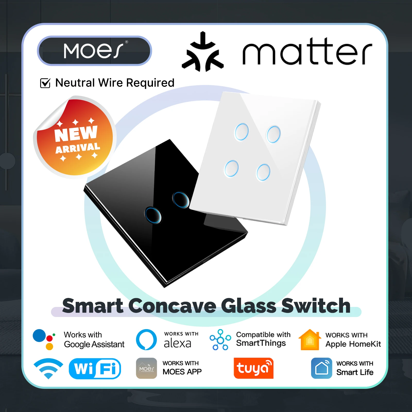 MOES Tuya Smart Lichtschalter, WiFi-Konkavglasscheibe, funktioniert mit Alexa/Google/Apple Home/SmartThings, Neutralleiter erforderlich