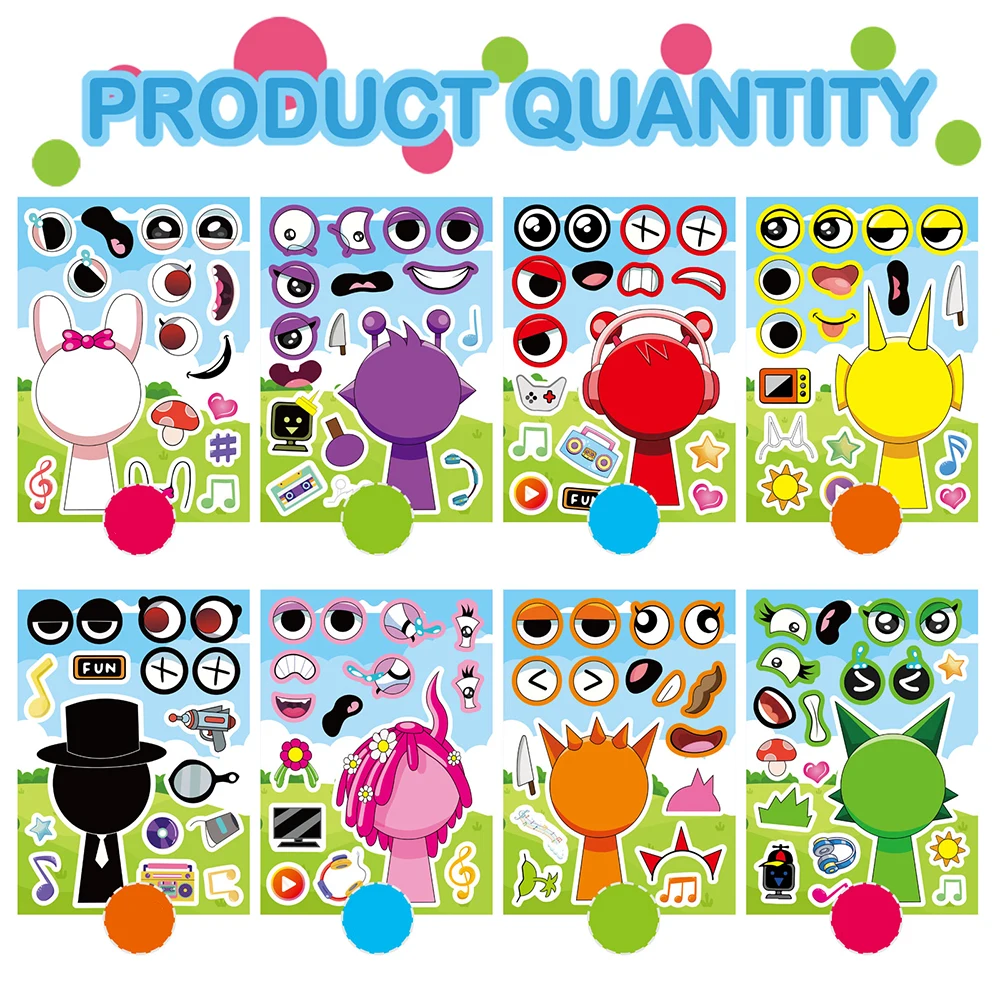 8/16 แผ่นอะนิเมะ Sprunki ตลกปริศนาสติกเกอร์ Make a Face Decals เกมของเล่นเด็กการ์ตูนประกอบจิ๊กซอว์เด็กของขวัญ