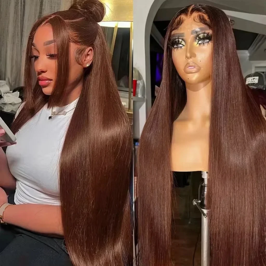 13x6 HD Chocolate Brown Bone Straight Lace Front Wig 36 polegadas Lace Frontal Wig Cabelo Humano Pré Arrancado # Peruca de cabelo humano de 4 cores