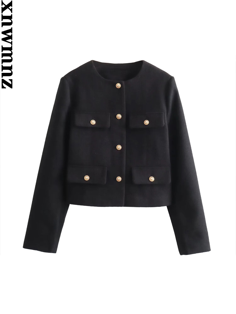 XNWMNZ Women's Fashion 2023 Autumn/Winter Flap Pocket Crop Jacket Women Vintage O Neck Long Sleeve Versatile Female Blazer