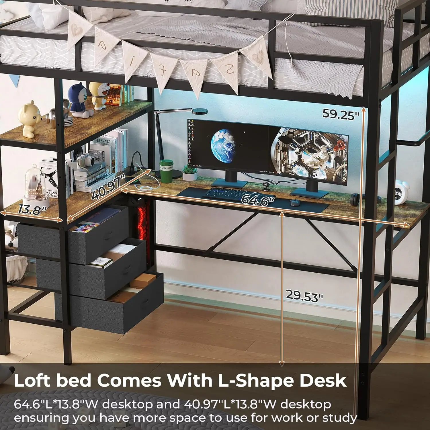 Twin Metal Loft Bed with L-Shaped Desk, LED Lights,Charging Station LED Loft Bed Frame Twin Size with 3 Storage Shelves