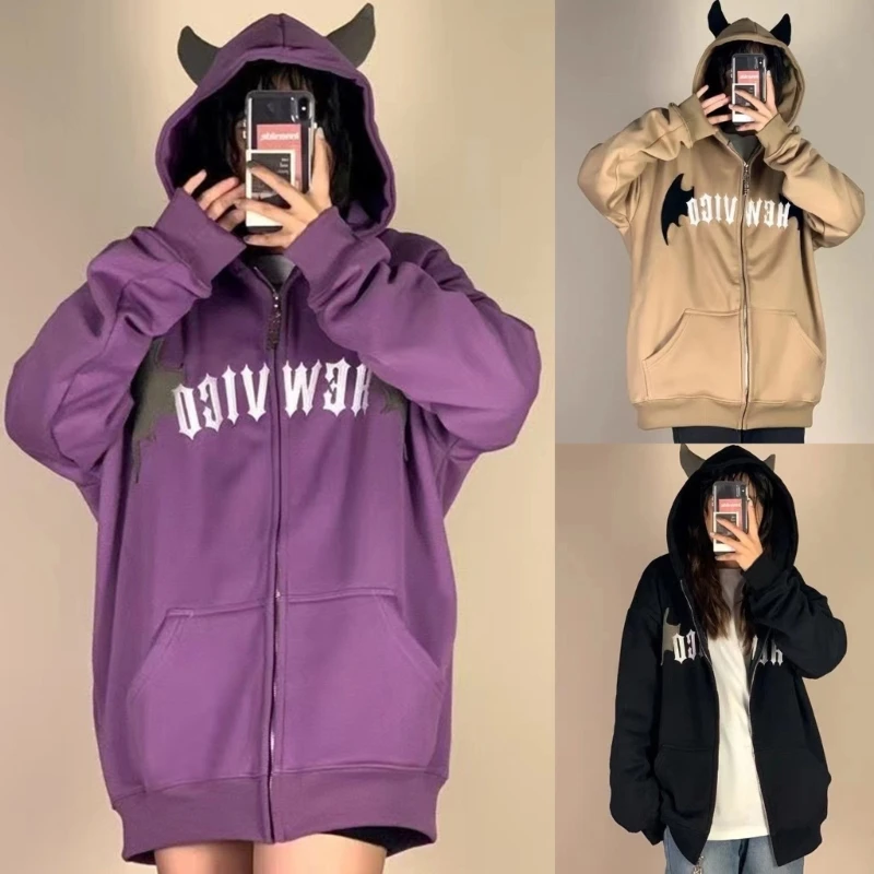 Versátil sudadera con capucha del diablo para mujer con cierre de cremallera y tops extragrandes con cuernos negros