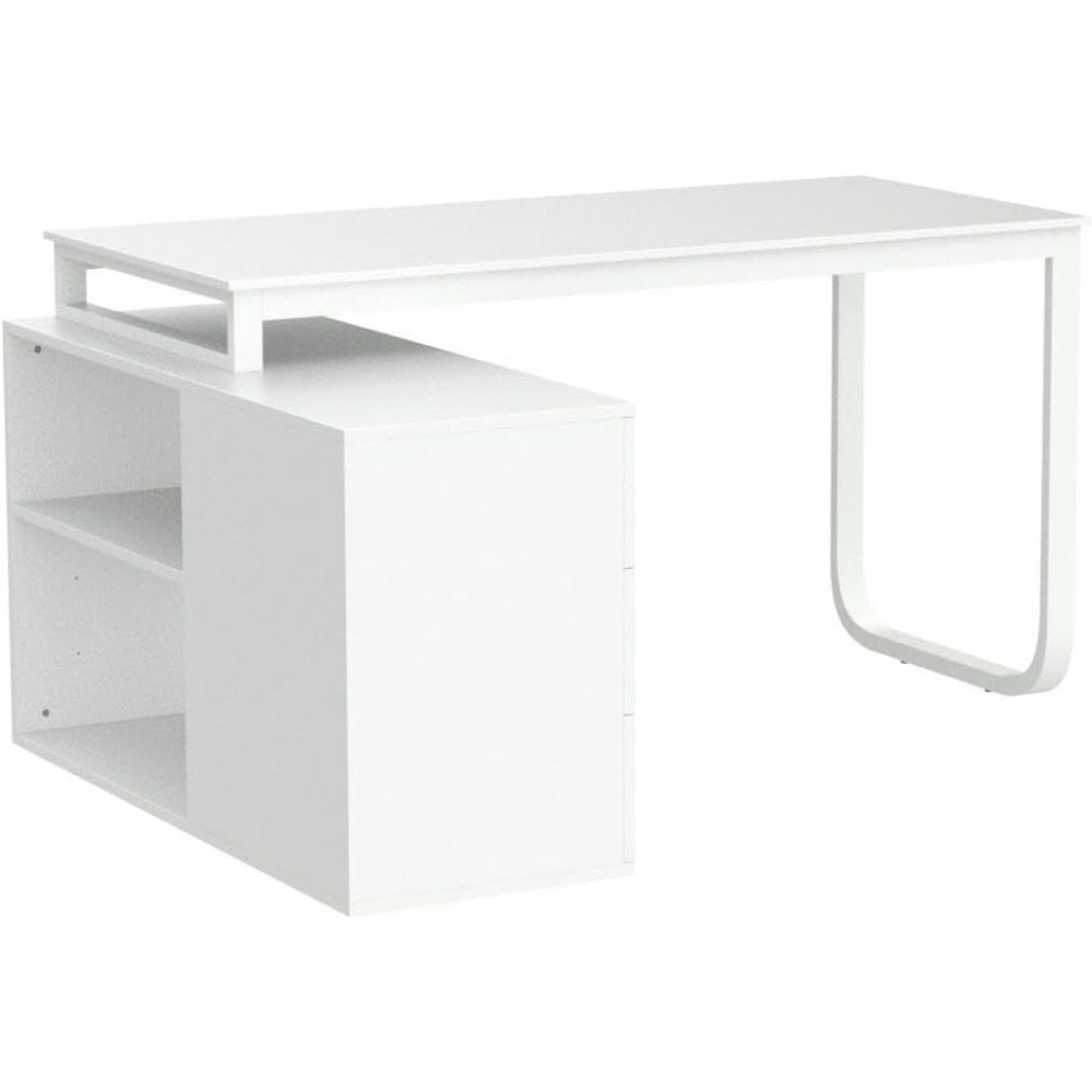 Home Computer Desk Corner Desk with 3 Drawers and 2 Shelves, 55 Inch Large L-Shaped Study Writing Table with Storage Cabinet