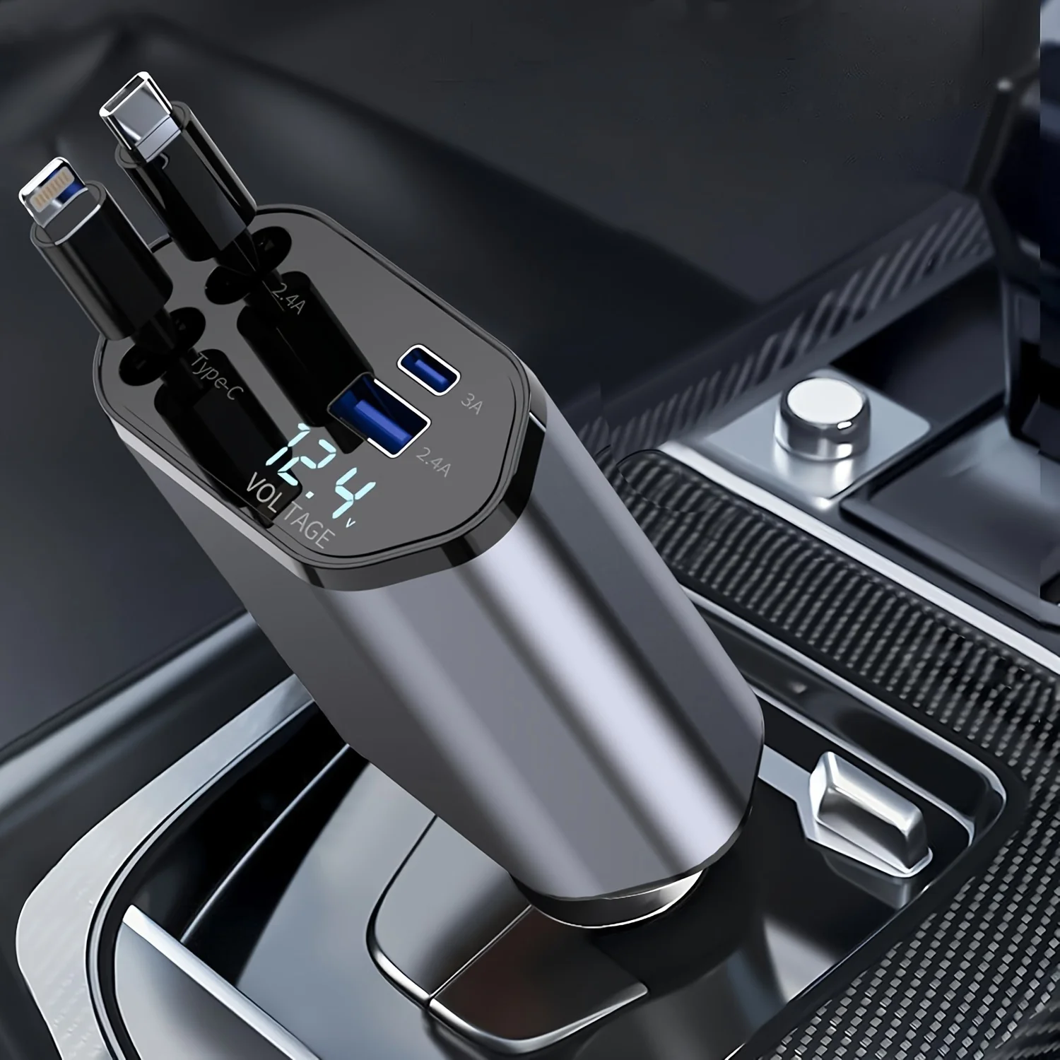 格納式カーチャージャー、4 in 1急速充電カーチャージャー120W、格納式ケーブルと2つのUSBポートカーチャージャーアダプター互換