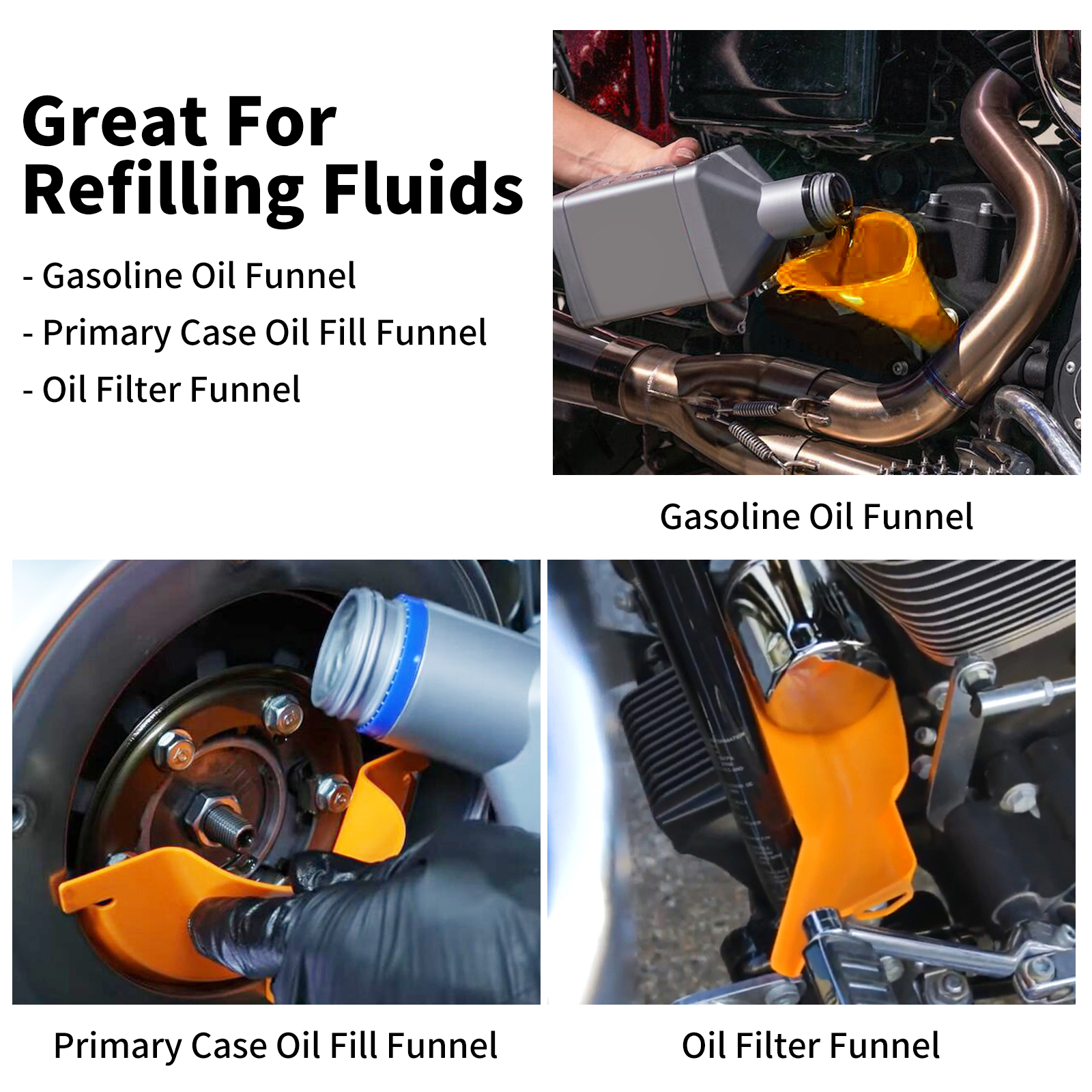 3 個オートバイクランクケース充填漏斗 + プライマリケースオイル充填漏斗 + オイルフィルター漏斗ハーレーツーリングスポーツスターダイナソフテイル用