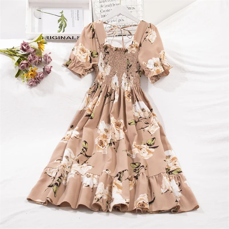 Abiti in chiffon primavera estate Moda femminile elastico in vita manica corta pieghettato abito casual donna abiti a trapezio abiti