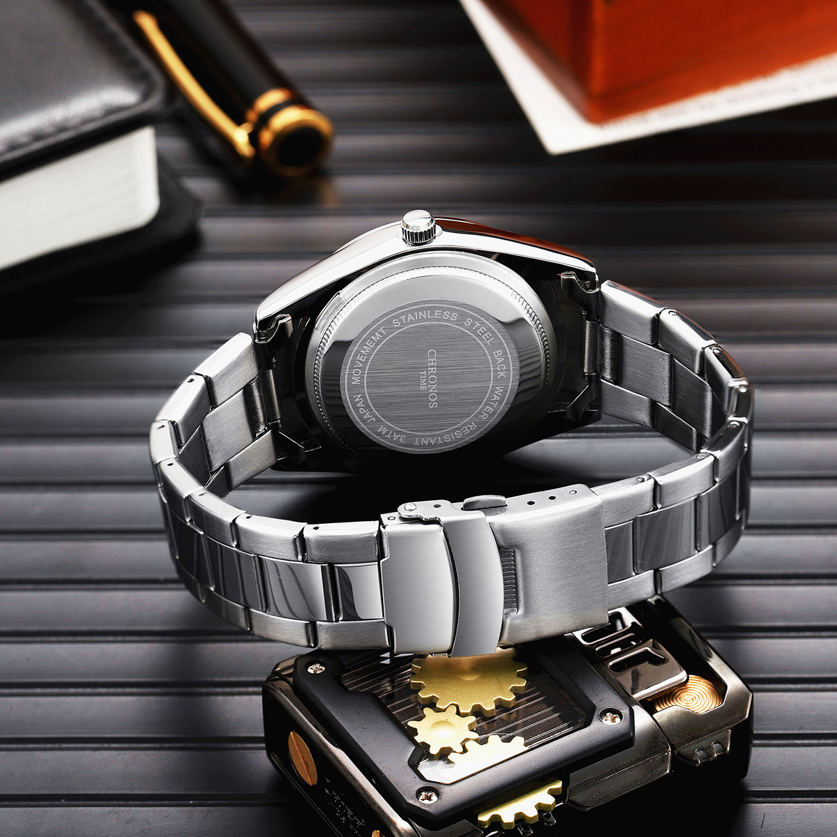 CHRONOS-reloj de pulsera de lujo para hombre, cronógrafo de cuarzo, de acero inoxidable, resistente al agua, con fecha luminosa