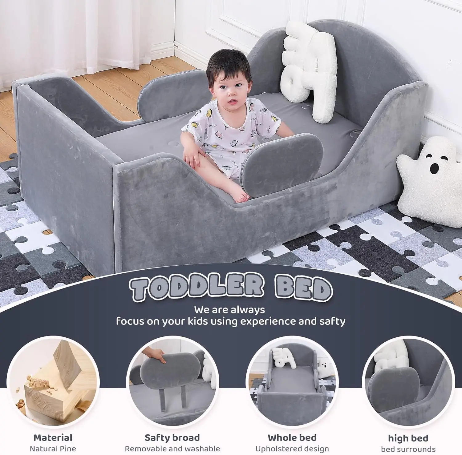 with Rail and Round headbroad, Standard Crib Size Toddler Bed for Children 18 Months to 6 Years, Upholstered Toddler Floor Bed