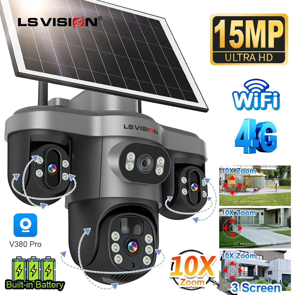 LS VISION 15MP tres lentes PTZ tres pantallas 4G cámara Solar WiFi al aire libre 10X Zoom Digital seguimiento automático cámara de seguridad V380 Pro