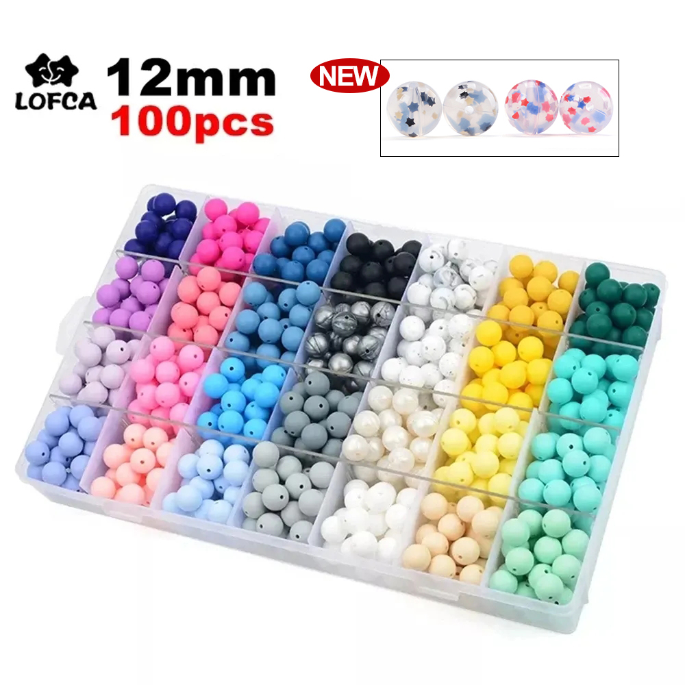 LOFCA 12 mm 100 Stück Silikonperlen, runder Beißring, Baby-Still-Halskette, Schnullerclip, Mundpflege, BPA-frei, Lebensmittelqualität, bunt