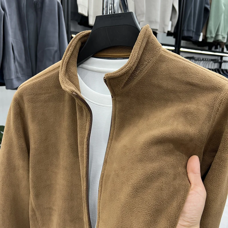 Men's Double-Sided Fce Hoodie Jaet Pure Color Warm Stand Collar Coat Winter Thiened Polyester Long Sve Casual Sle