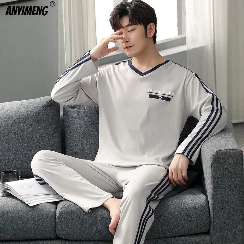Conjunto de Pijama de algodón de talla grande para hombre, ropa de dormir informal de punto con cuello redondo, sólido, 4XL, Otoño e Invierno