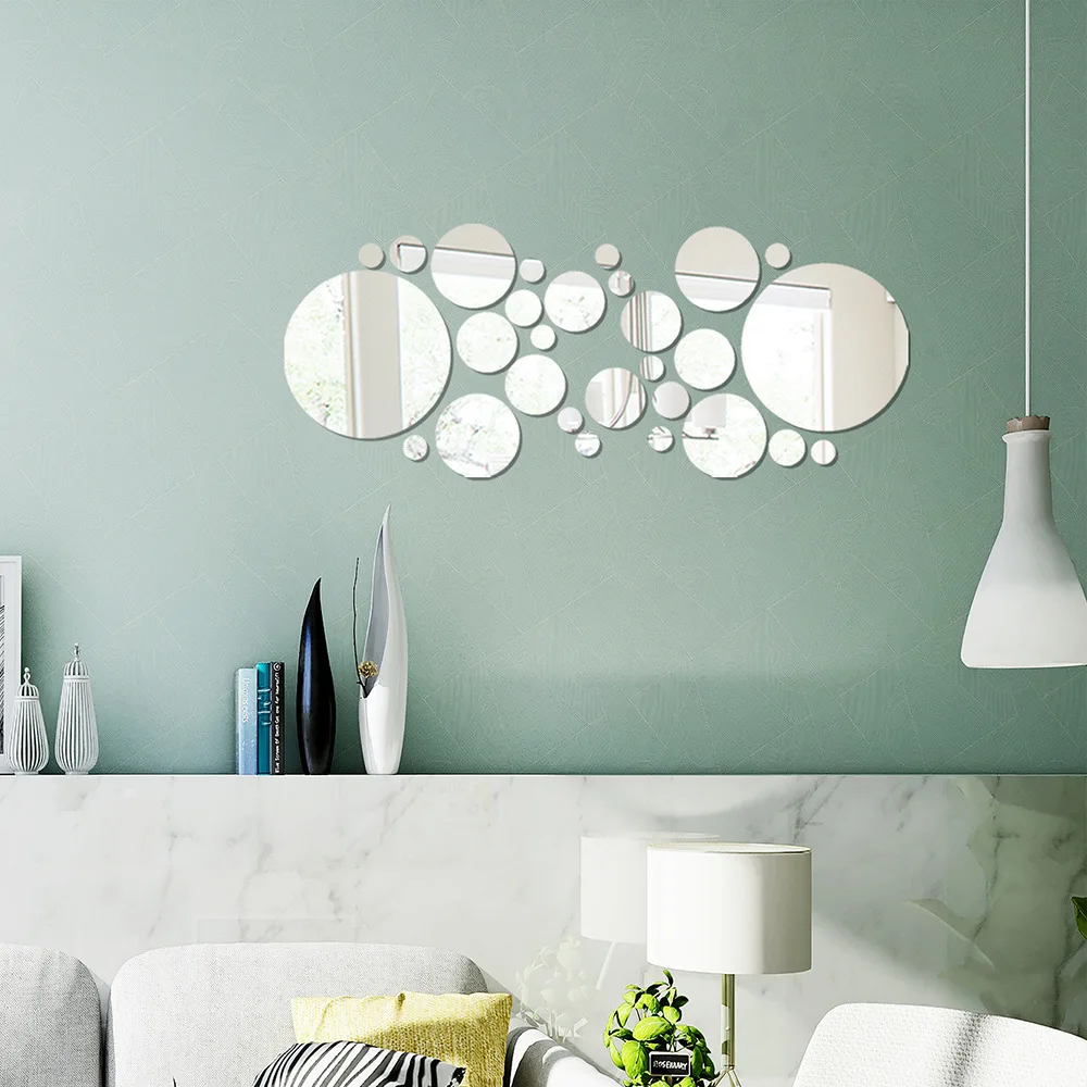Conjunto de adesivos de parede de espelho acrílico 3d, 26 peças, adesivo redondo, painel decorativo reflexivo para sala de estar, quarto, decoração de fundo de tv