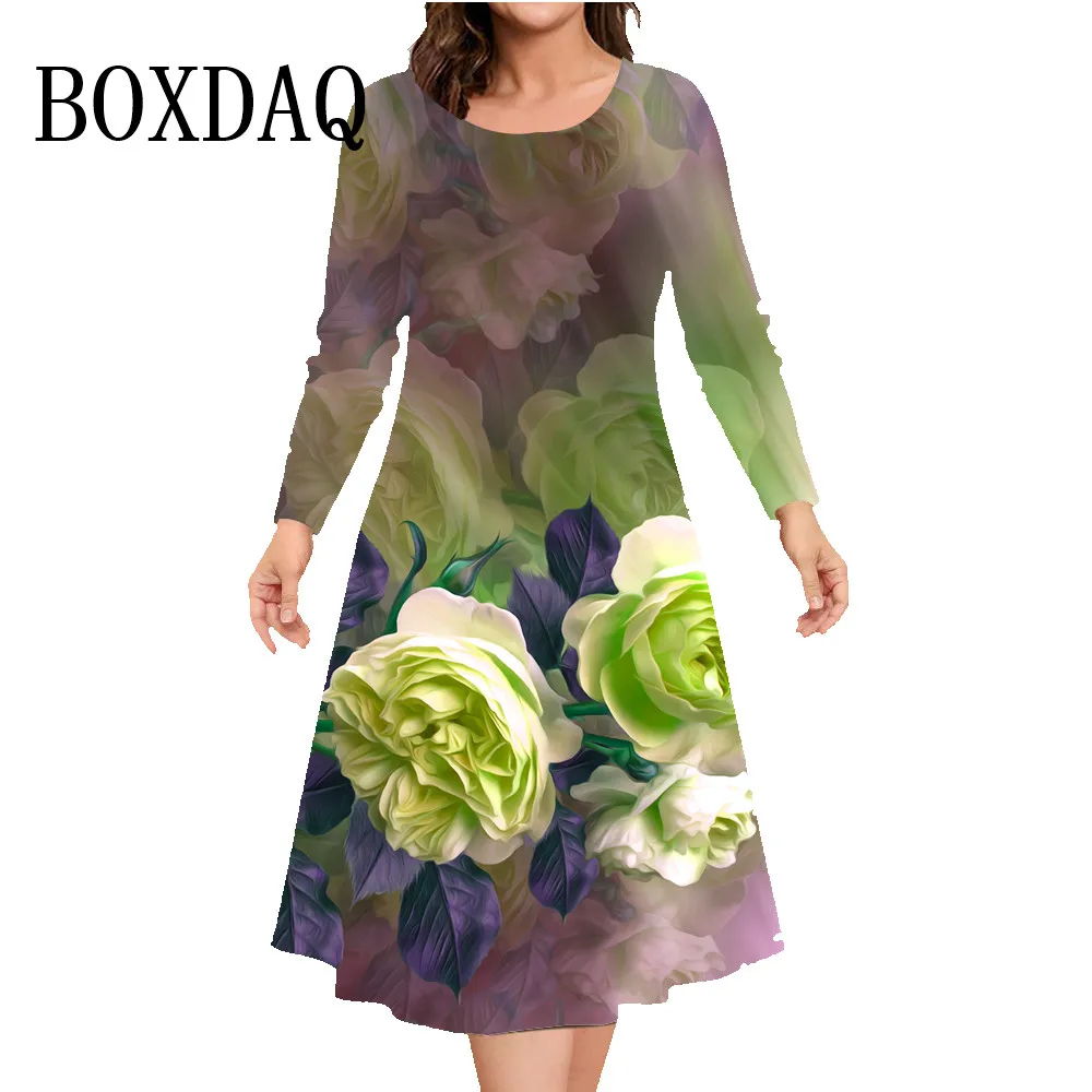 Blume O-Ausschnitt Kleid lässig lose Druck Kleider Frauen Mode Party A-Linie Kleid Herbst Winter Langarm plus Größe Kleidung 9xl