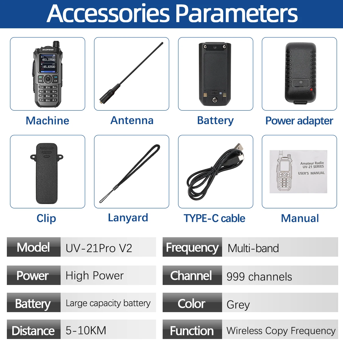 Baofeng UV-21 Pro V2 Walkie Talkie Langstrecken-Funk frequenz Typ-C-Ladegerät Tri-Band leistungs starkes wasserdichtes Funkgerät