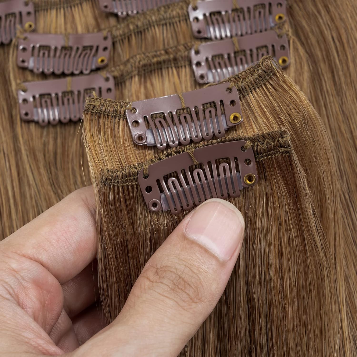 Extensions de cheveux à clipser # 6 brun châtain Double trame épaisse 120G 8 pièces pince brésilienne droite soyeuse dans les Extensions de cheveux humains