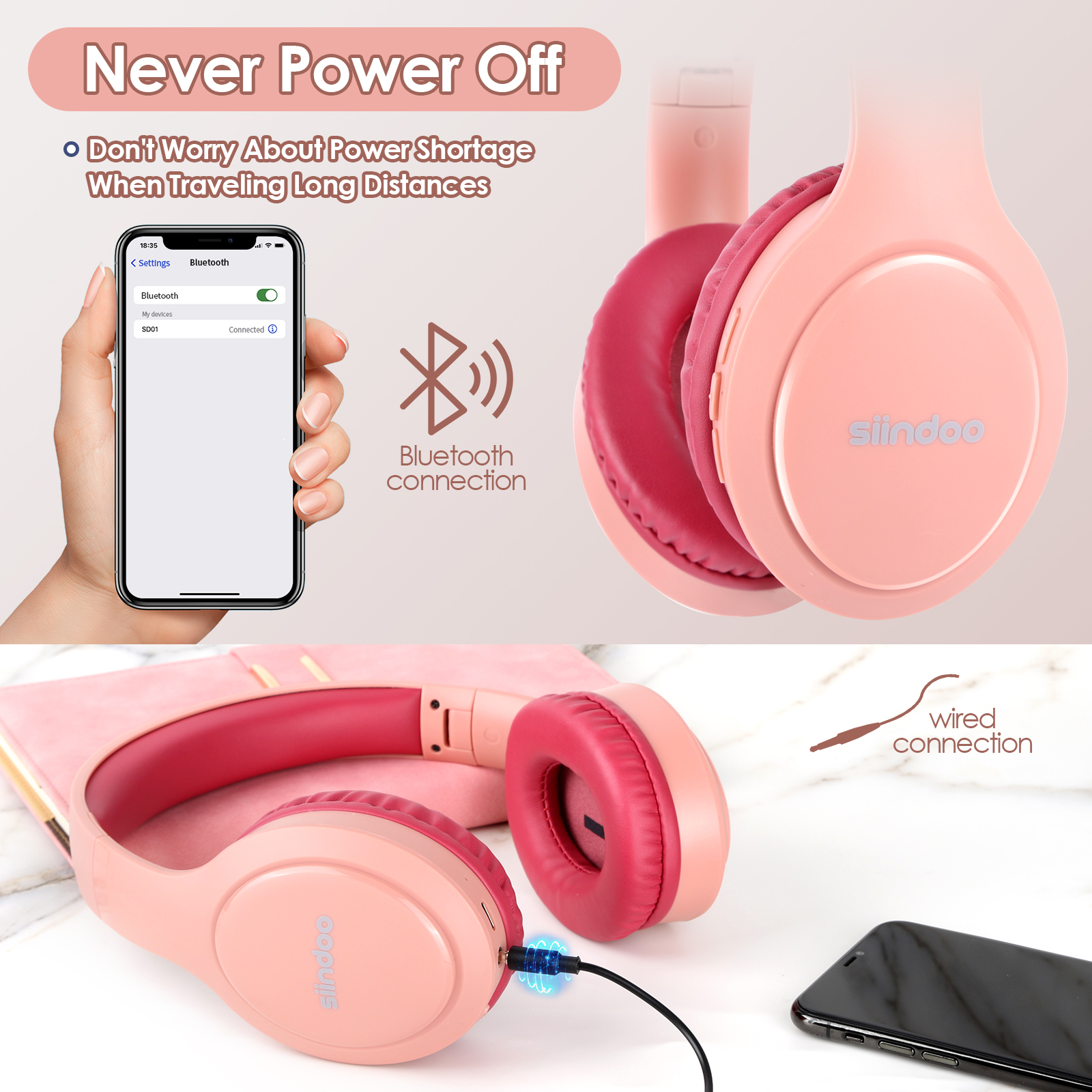 Siindoo หูฟังไร้สายแบบพับได้หูฟังบลูทูธสเตอริโอ 3EQ โหมดเสียงพร้อม Hi-FI Deep Bass Mic JH-919 สําหรับแล็ปท็อปสีฟ้า