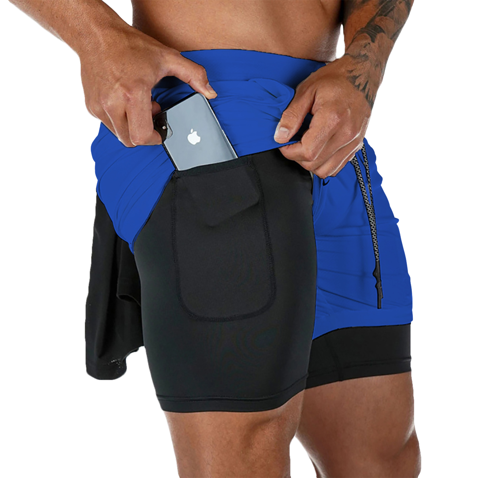 Calções de fitness de camada dupla masculino com cordão forro de malha cintura elástica respirável secagem rápida para praia piscina verão masculino