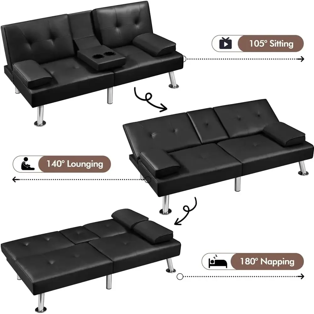 Convertible Sofa Bed Adjustable Couch Sleeper Modern Faux Leather Recliner Reversible Loveseat Folding Daybed Guest Bed, Removab