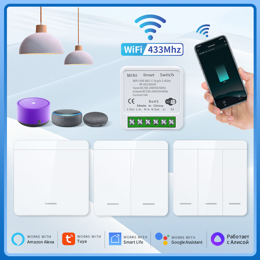Tuya-interruptor inteligente WiFi RF, interruptor de luz inalámbrico de 433MHz, interruptor de pared de 1/2/3 entradas, aplicación Smart Life, Control por voz con Alexa y Google Home